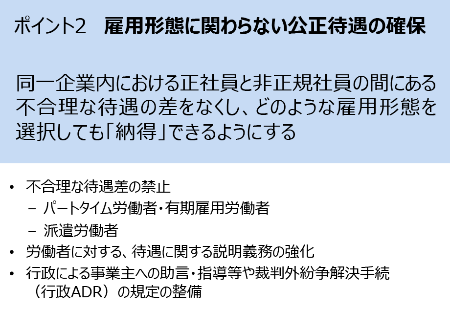 ポイント2 雇用形態に関わらない公正待遇の確保　同一企業内における正社員と非正規社員の間にある不合理な待遇の差をなくし、どのような雇用形態を選択しても「納得」できるようにする　・不合理な待遇差の禁止－パートタイム労働者・有期雇用労働者 －派遣労働者 ・労働者に対する、待遇に関する説明義務の強化 ・行政による事業主への助言・指導等や裁判外紛争解決手続（行政ADR）の規定の整備